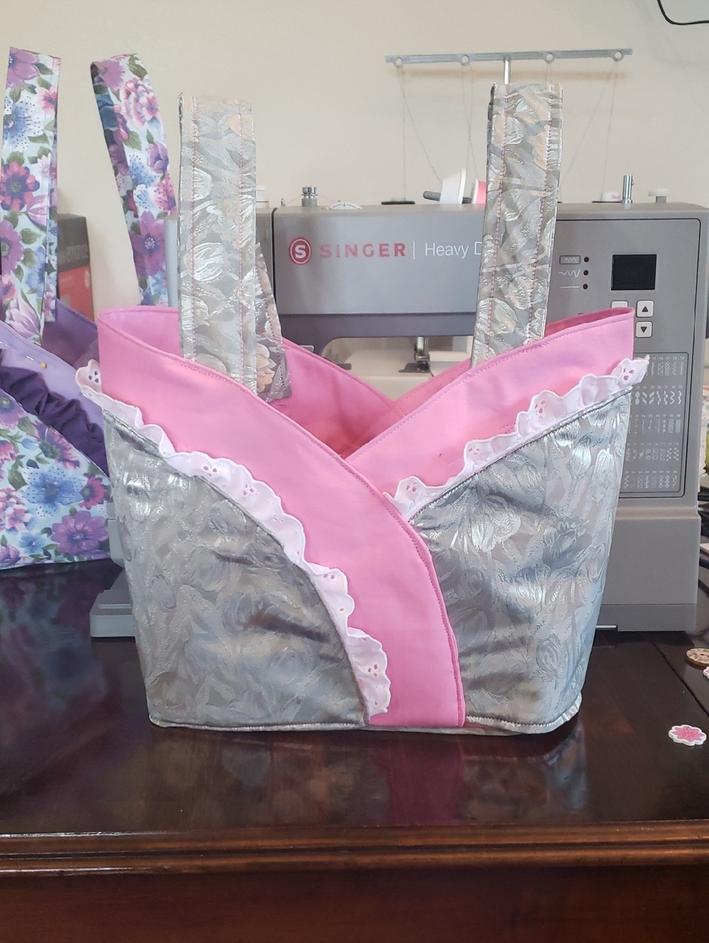 Handmade Pink and Silver Floral Tote Bag - Picture 1 of 2